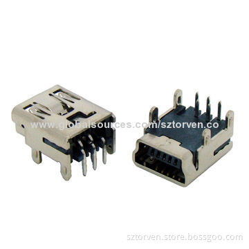 Mini USB Female 5P Right Angle Type Connectors with 100V AC Dielectric Withstanding VoltageNew